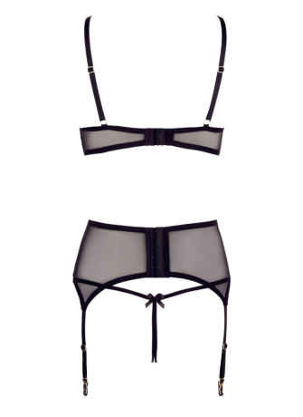 Soutien-gorge dentelle, porte-jarretelles et string ouvert noir - R2213052
